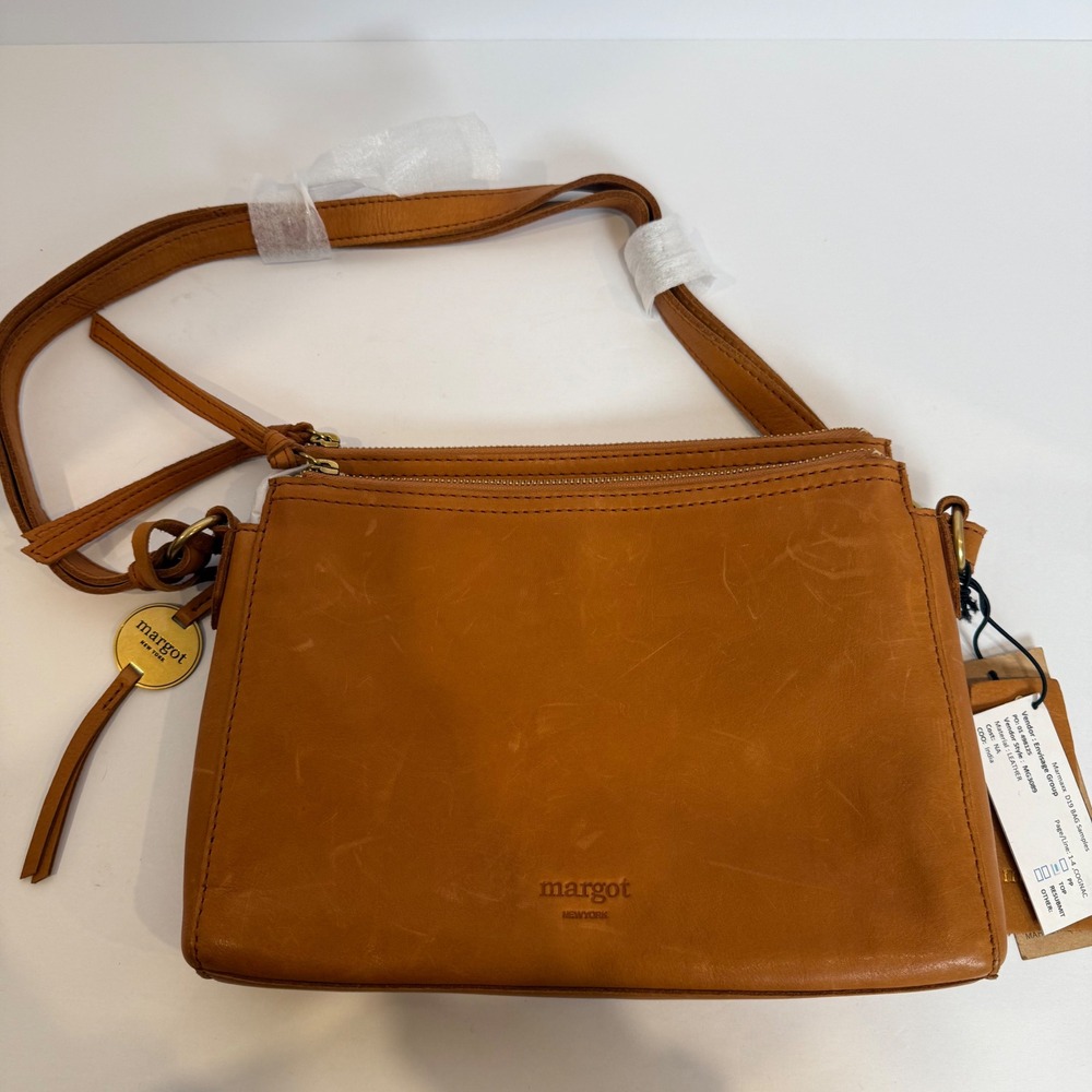 Margot New York Cognac Leather Crossbody Bag‎ Double Zip Adjustable Strap